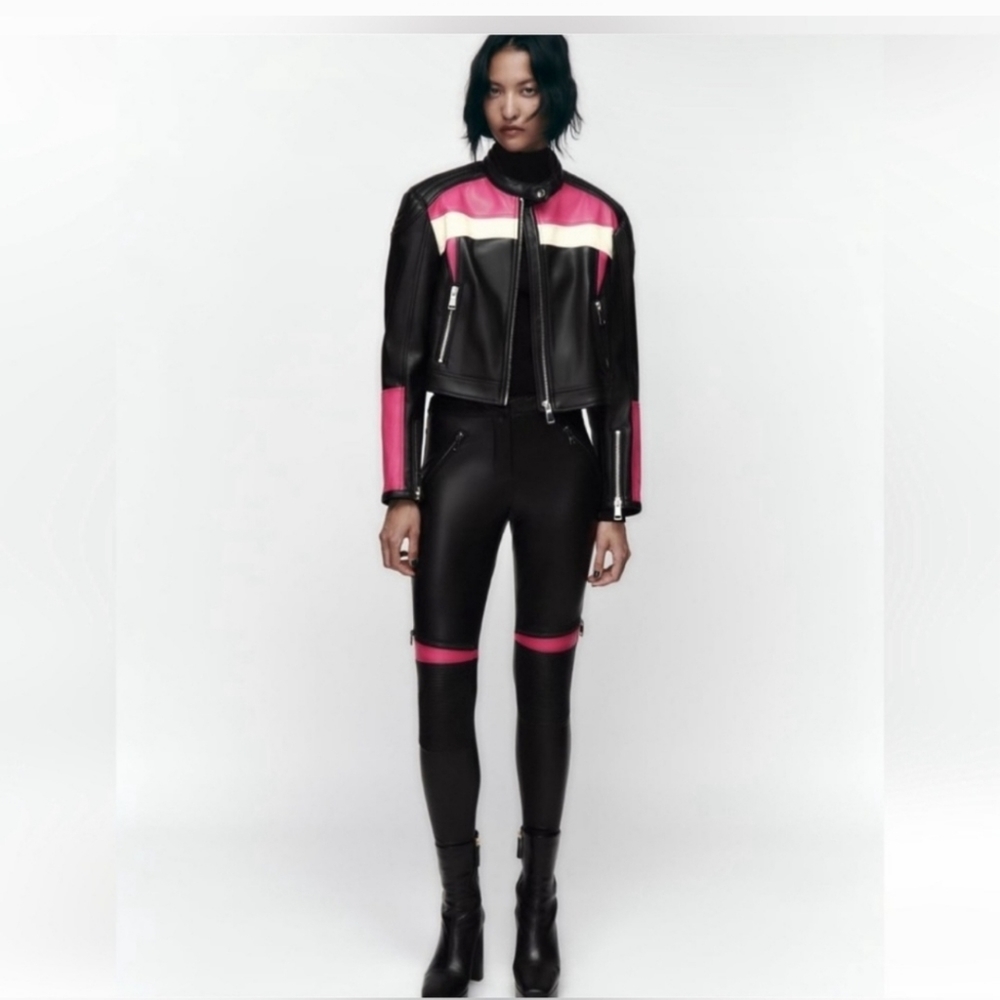 ZARA | FAUX LEATHER PANTS | BLACK w/PINK |M